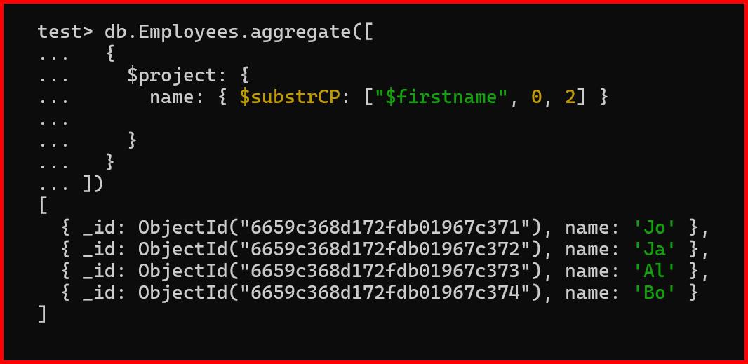 Picture showing the output of $substrcp aggregation function in mongodb